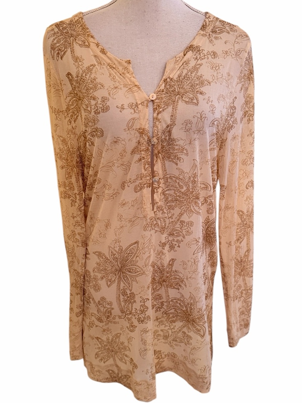 Tommy Bahama Light Beige Floral Print Mesh Silk Long Sleeve Henley Top XL